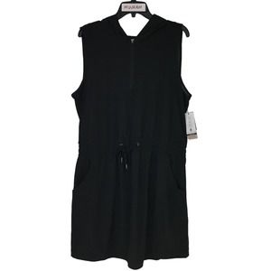 Ideology Womens Black 1/4 Zip Smocked-Waist Sleeveless Hoodie Dress Size L $59